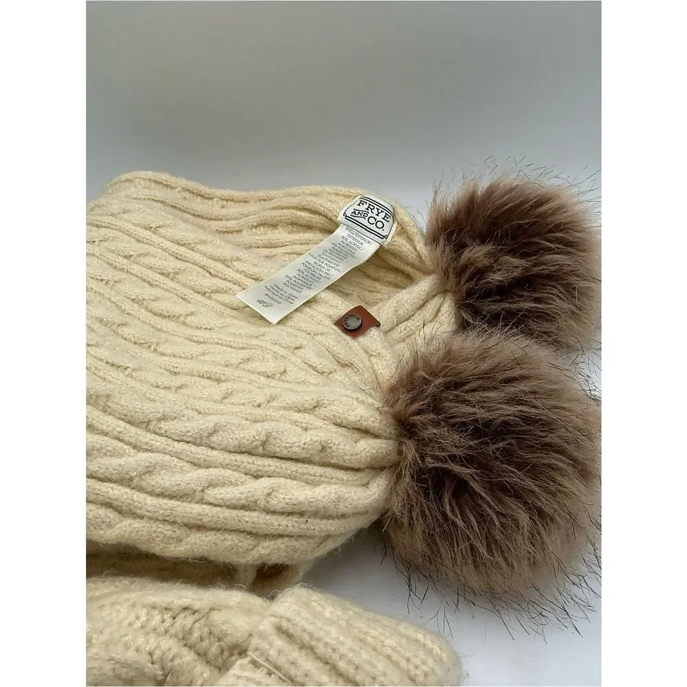 Frye and Co Cream Knit Pom-Pom Beanie and scarf set